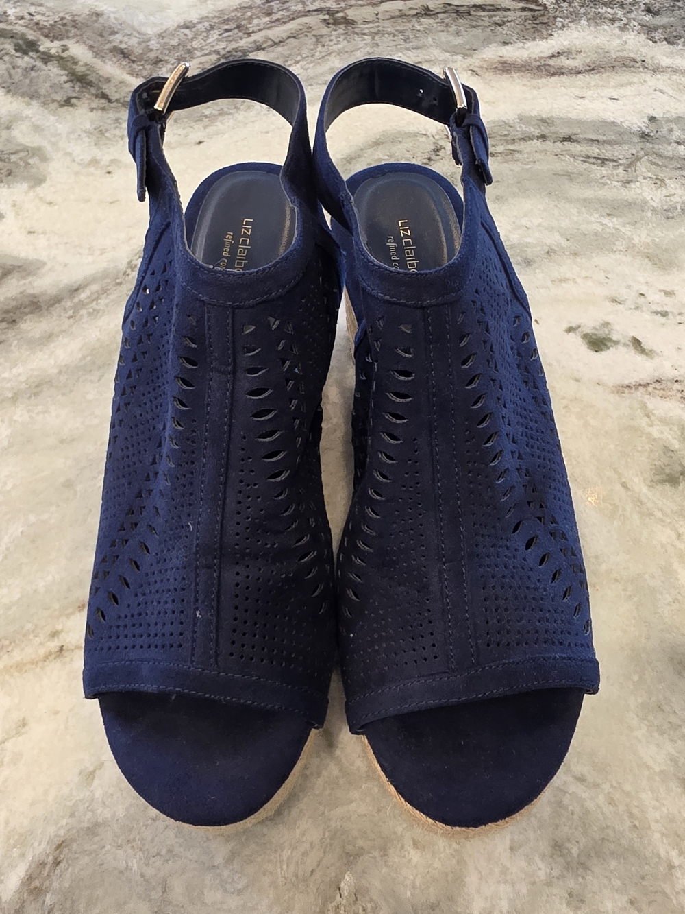 Liz Claiborne Navy Perforated Suede Wedge Sandals with Ankle Strap
